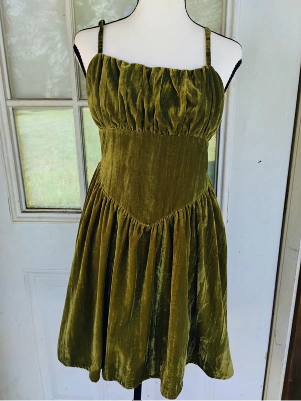 Olive Velvet Spaghetti-Strap Mini Dress with Gathered Bodice